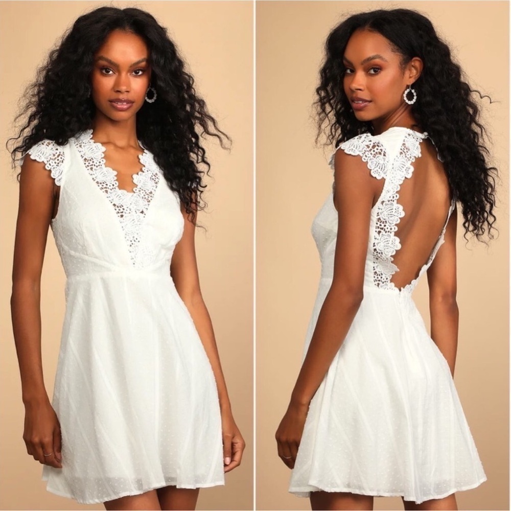 Lulu’s Believe in Dreams White Swiss Dot Lace Backless Skater Dress - Picture 1 of 7